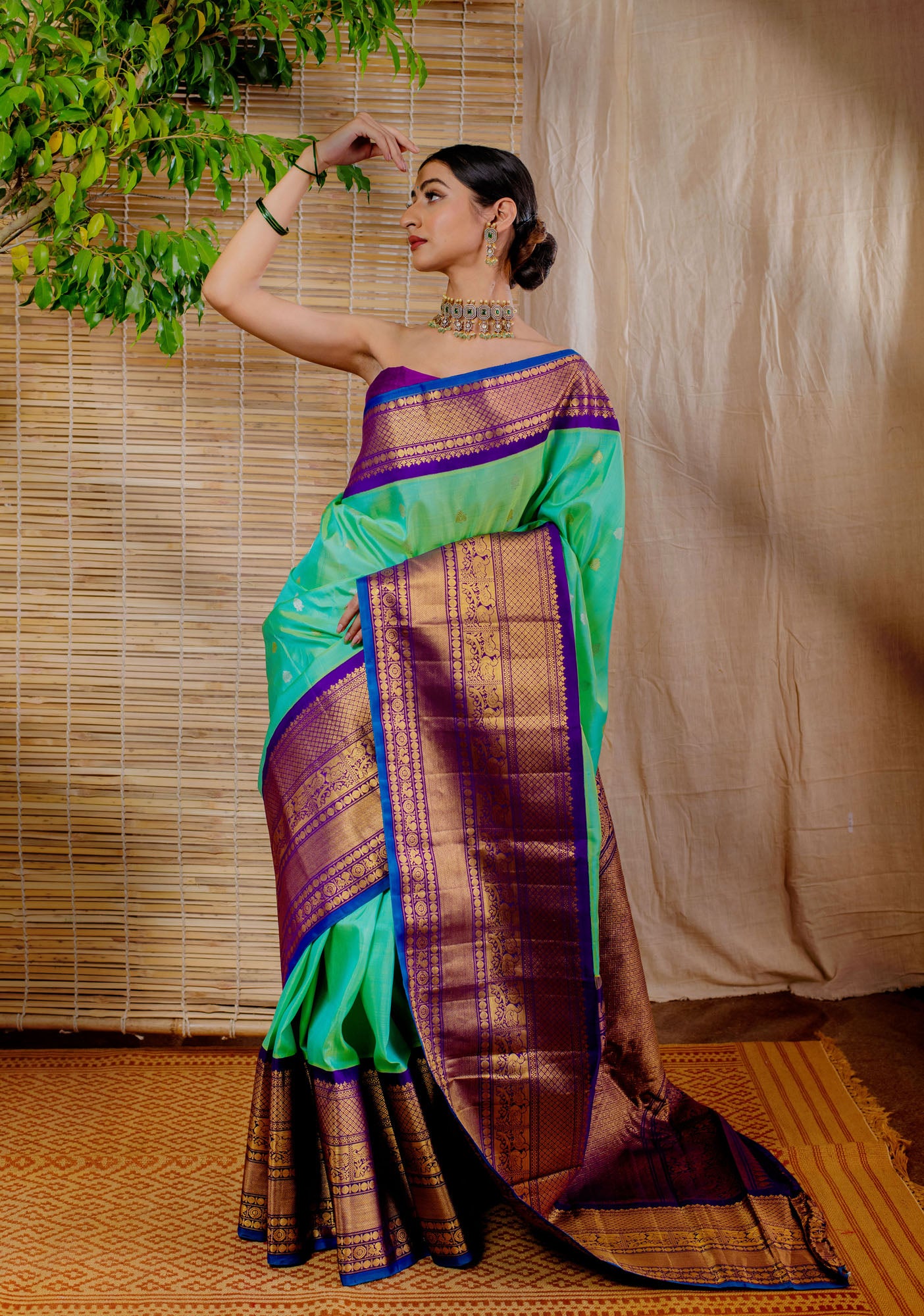 Green & Purple Pure Silk Handloom Gadwal Saree with Kanchi Border