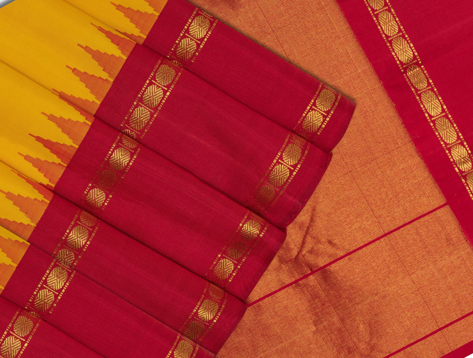 Buy Haldi Yellow Cotton Jamdani Saree with Red Border