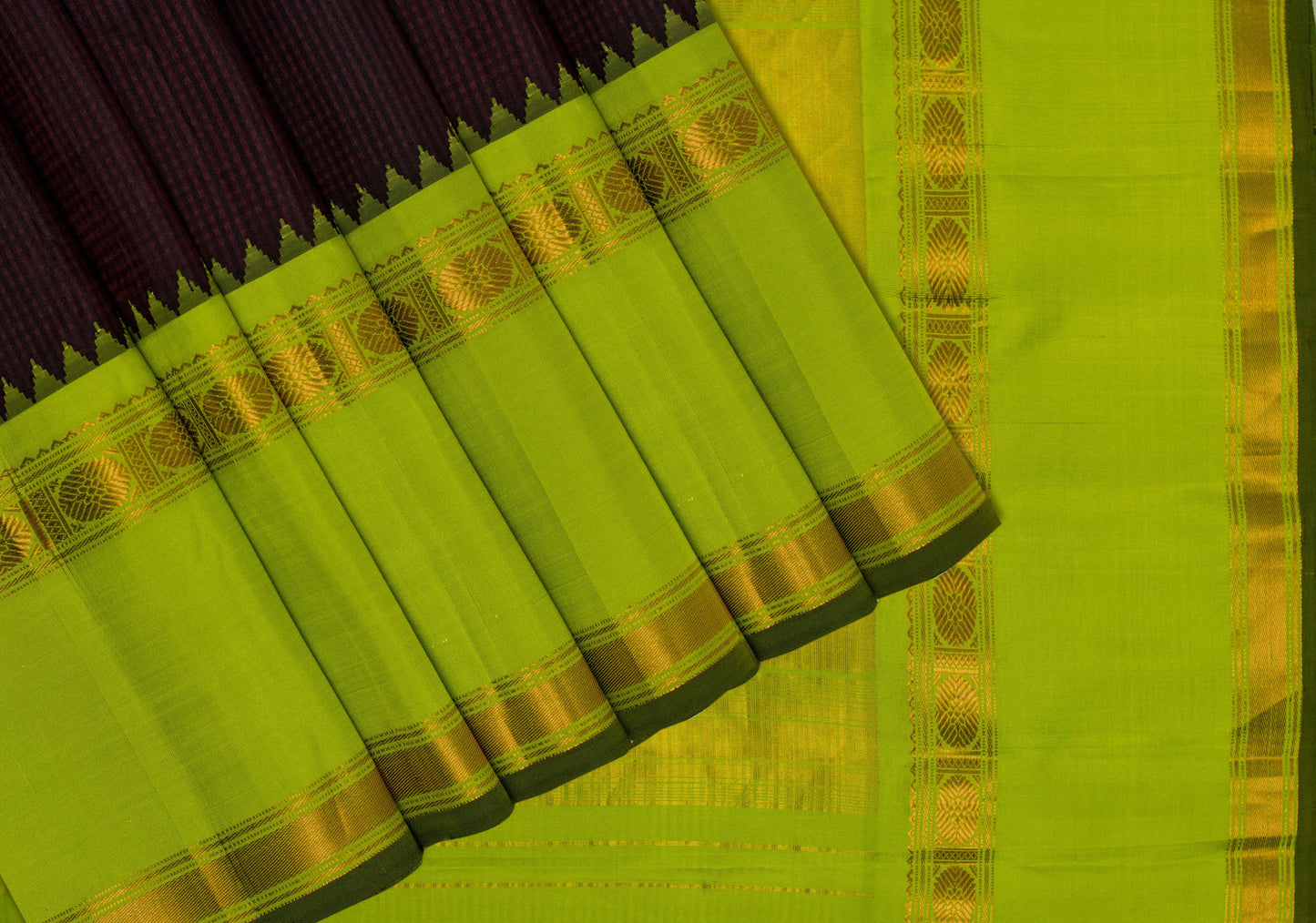 Pure Silk Handloom Gadwal Checks Saree - Brown with Green Border