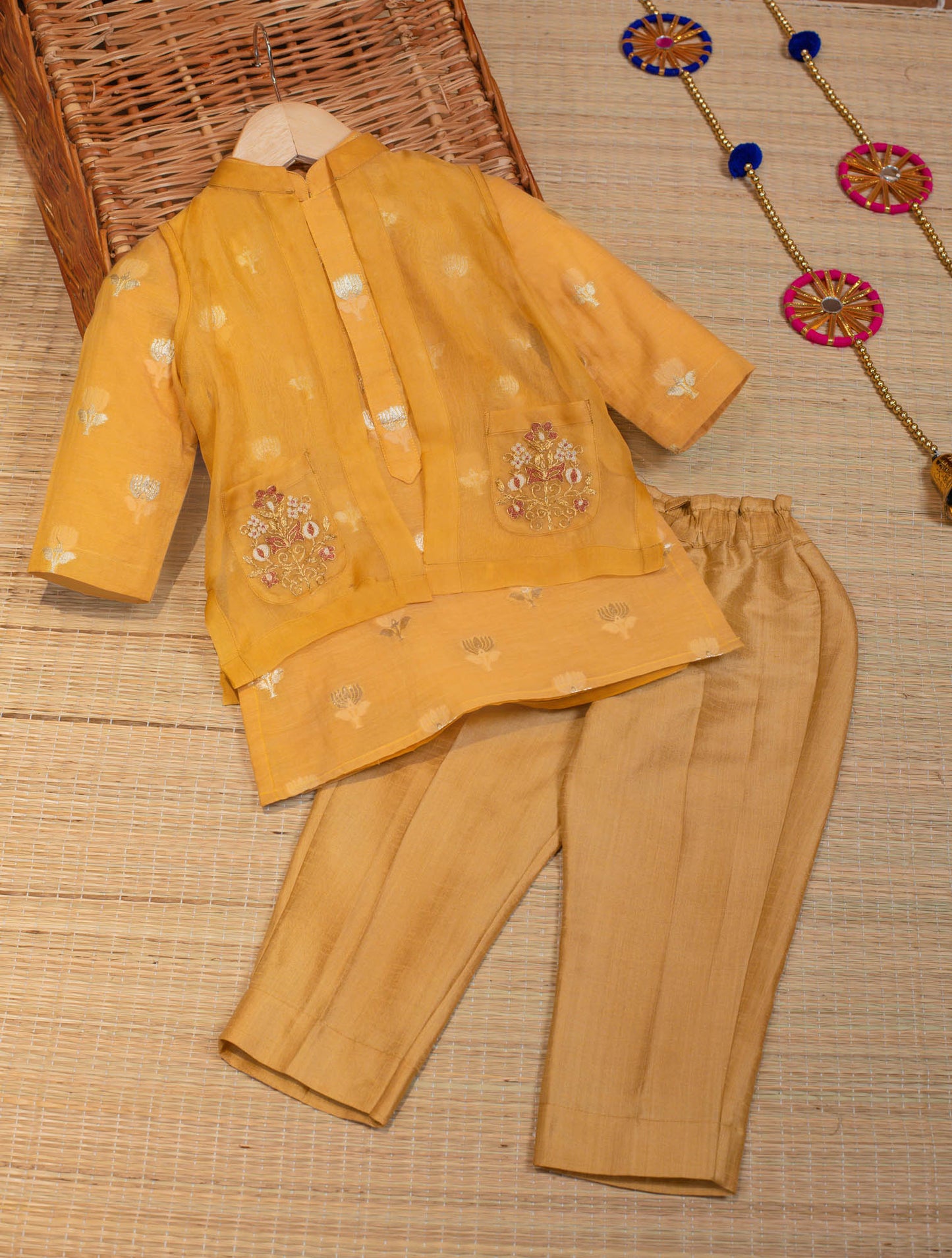 Yellow Kurta bottom with Organza Jacket for kids