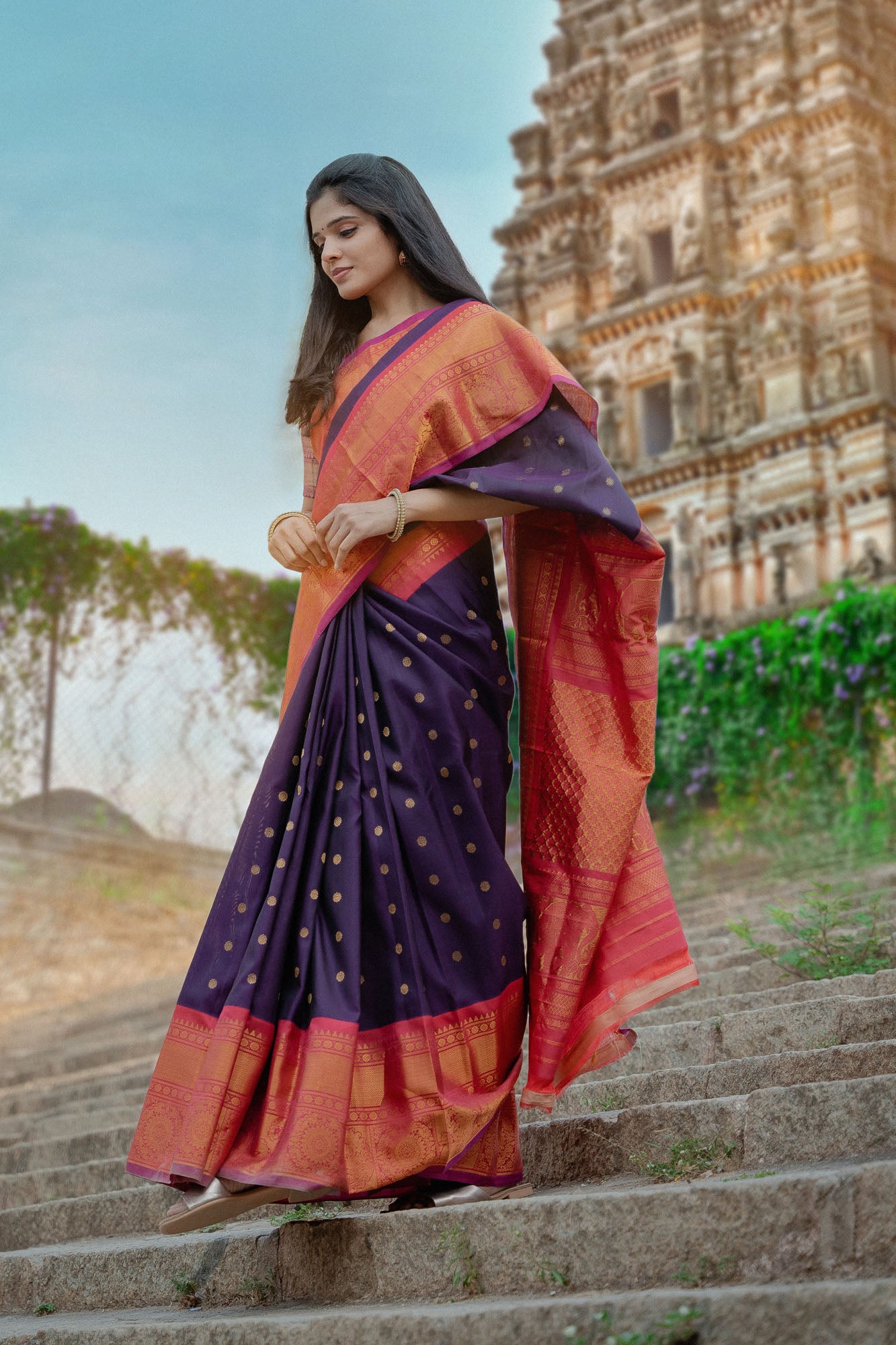 Handwoven Purple and Peach Gadwal Silk Saree