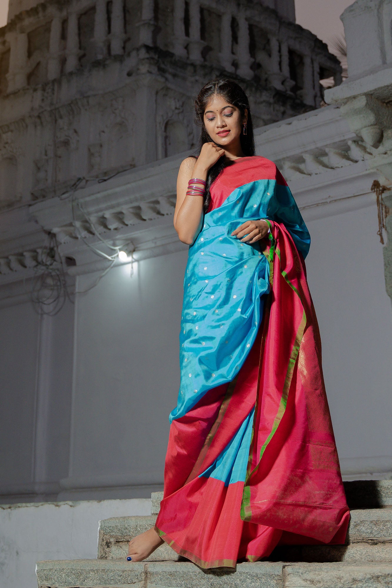 Sky blue checks saree with schiffli pallu and striped blouse by Jalpa Shah  | The Secret Label