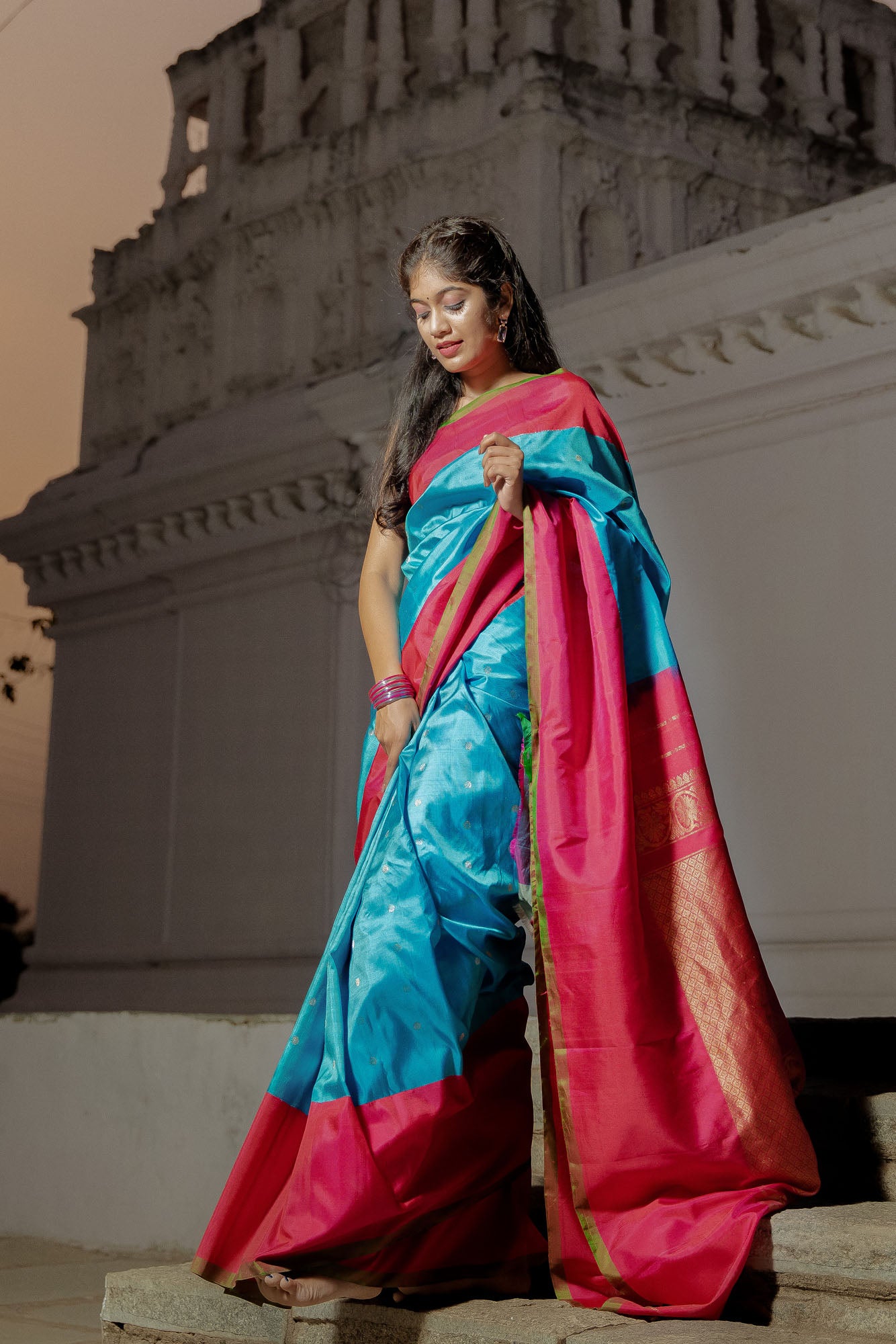 Sky Blue and Pink Handwoven Pure Silk Gadwal Saree