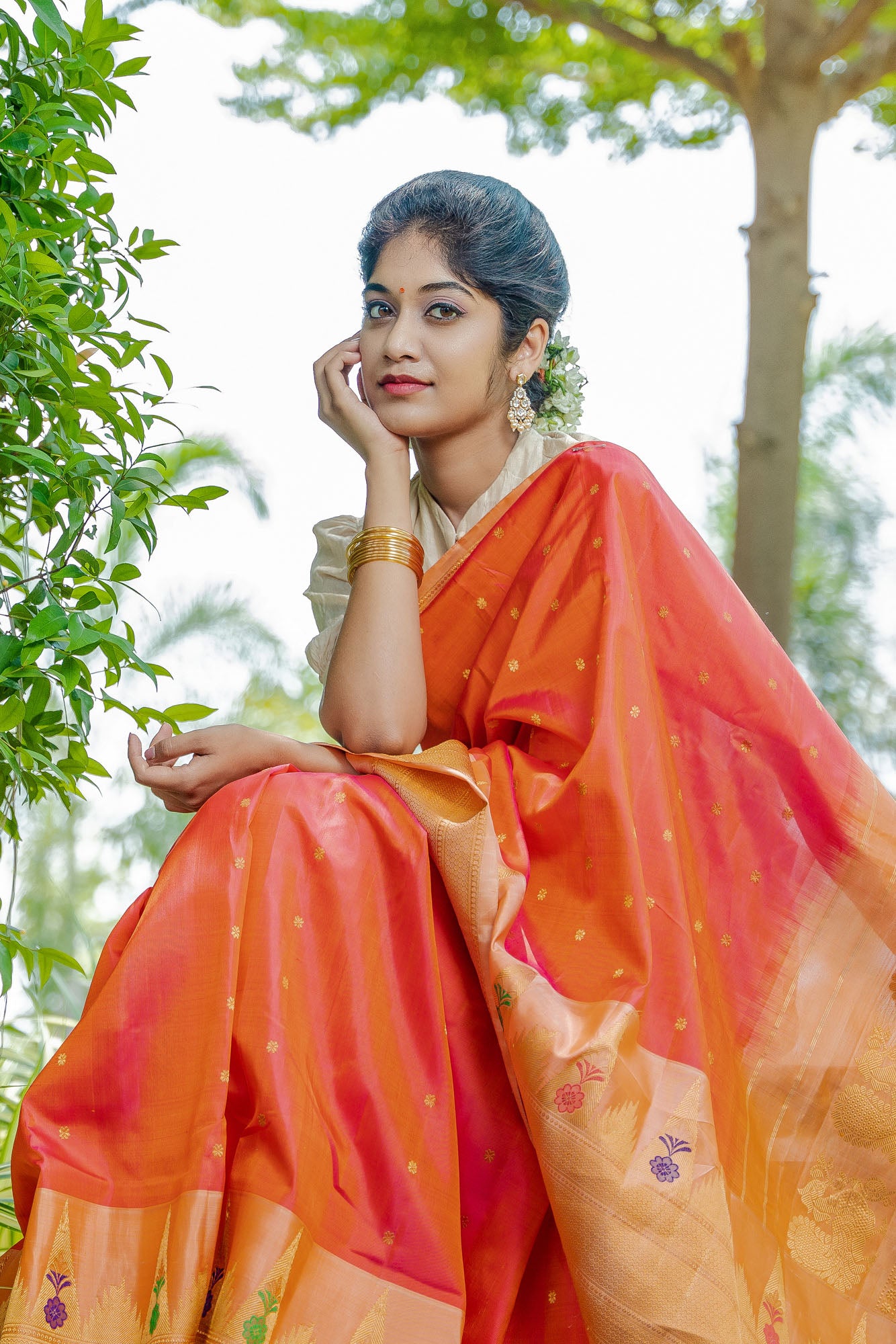 Handloom Pure Silk Gadwal Saree in Mustard Orange : STGA446