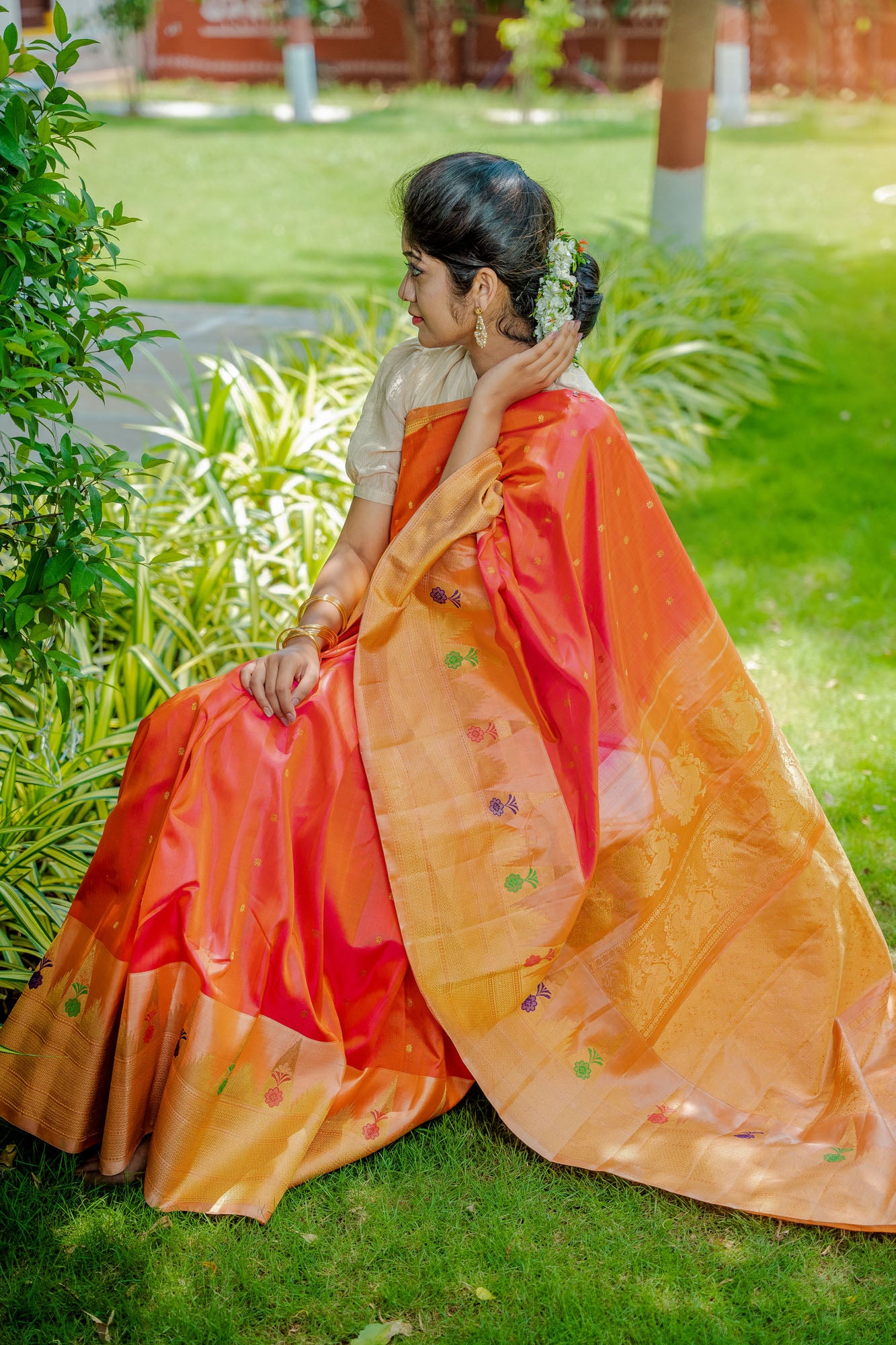 Exclusive Gadwal Silk Saree in Orange, Dark Green and Silver, Gold Zari  Work | Bengal Looms