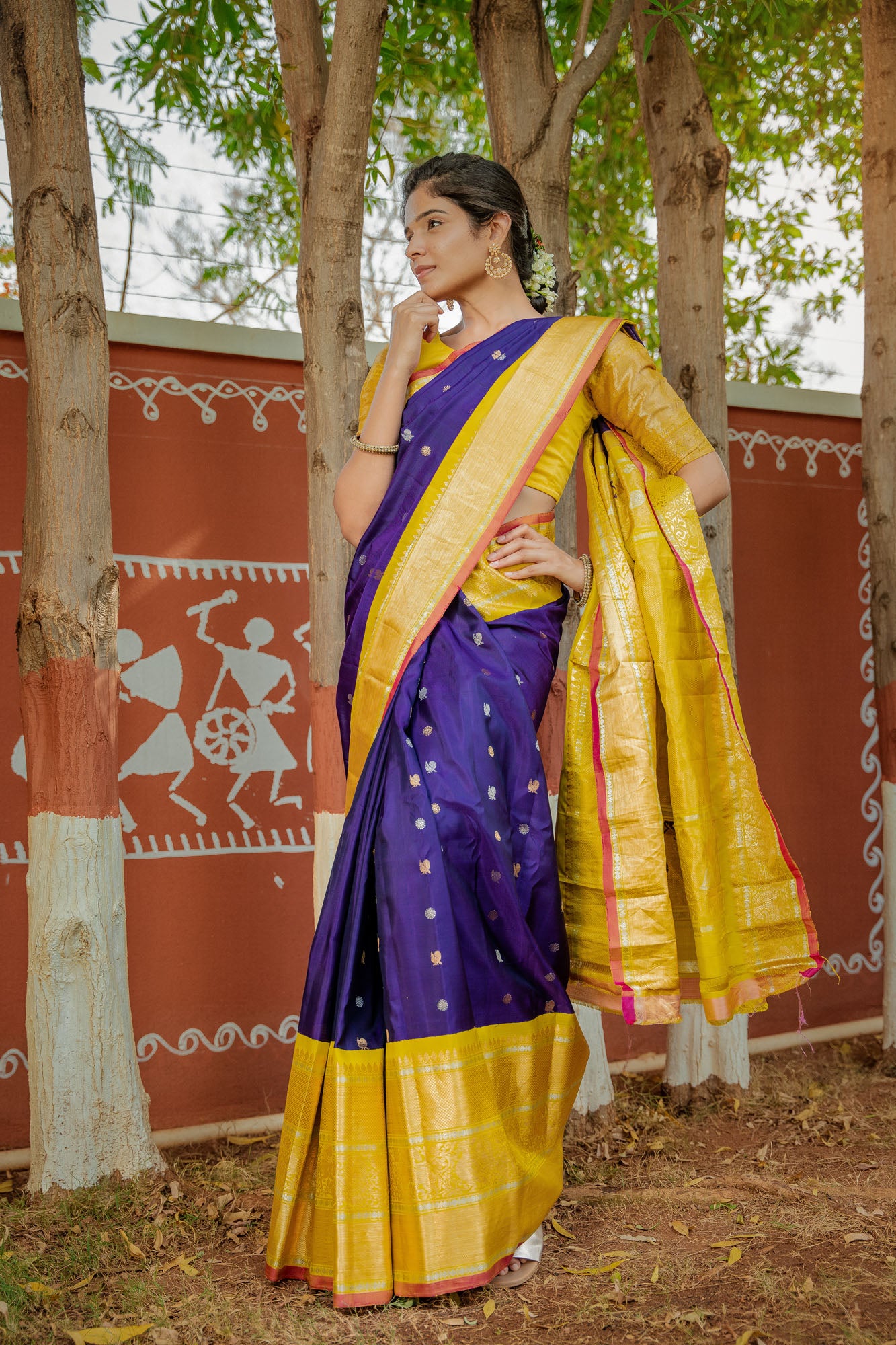 Handwoven Blue and Yellow Gadwal Silk Saree