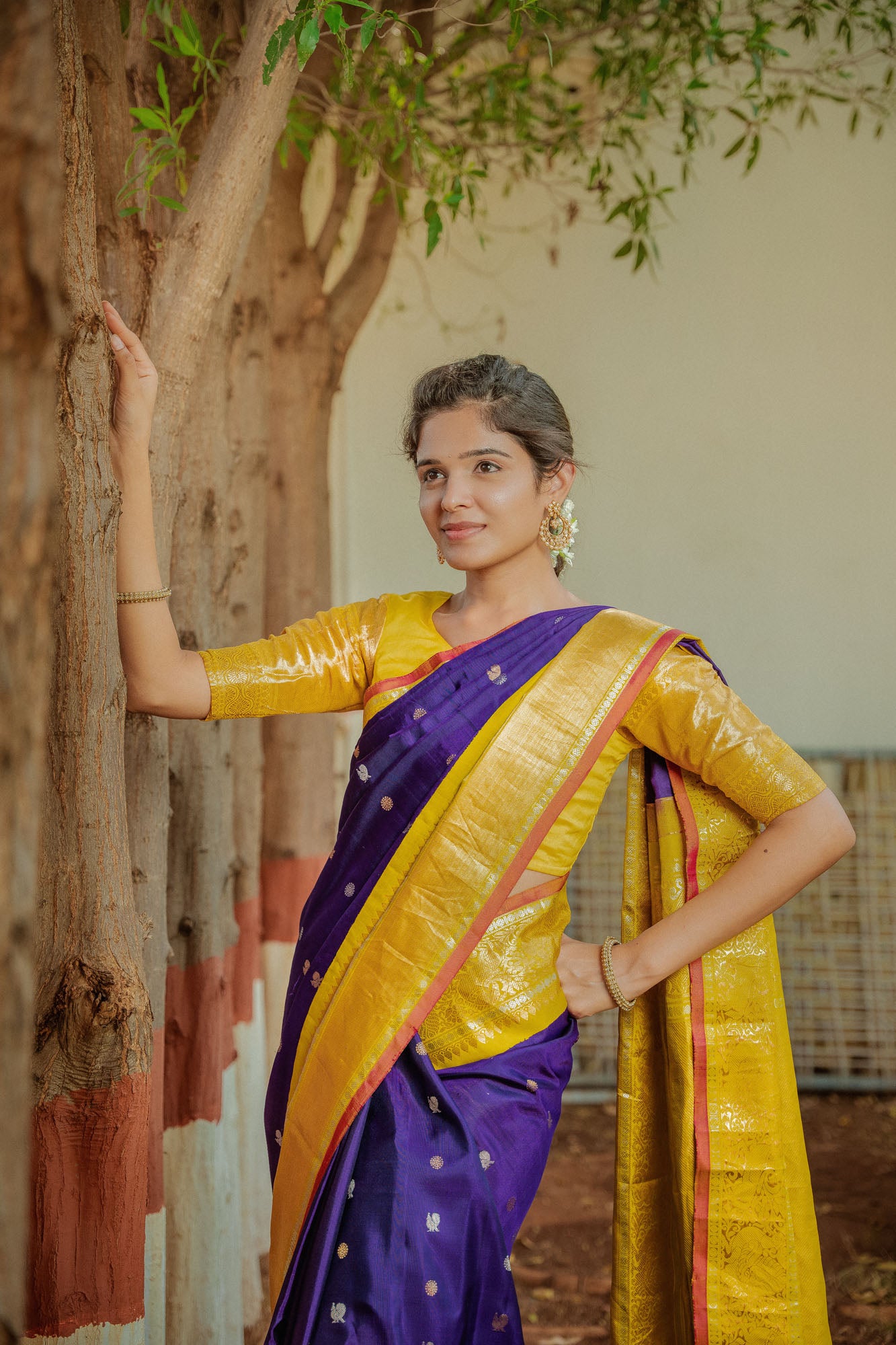 Handwoven Blue and Yellow Gadwal Silk Saree
