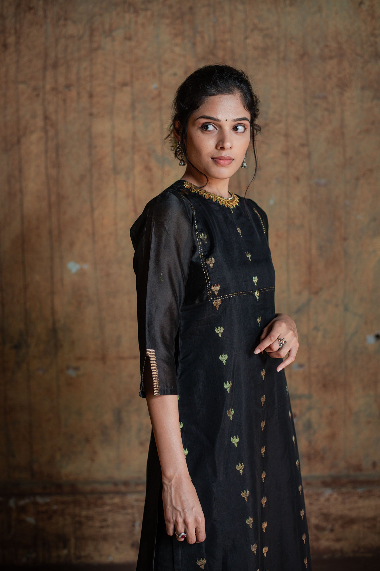 Hand Embroidered Black Silk Cotton Kurta with Zari Motifs