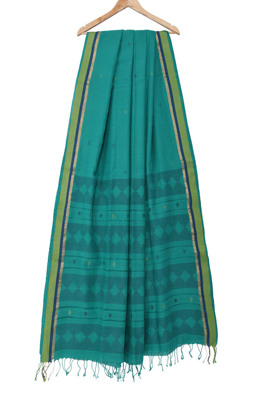 Teal blue Tangail Jamdani saree with handwoven motifs - EARTHICA