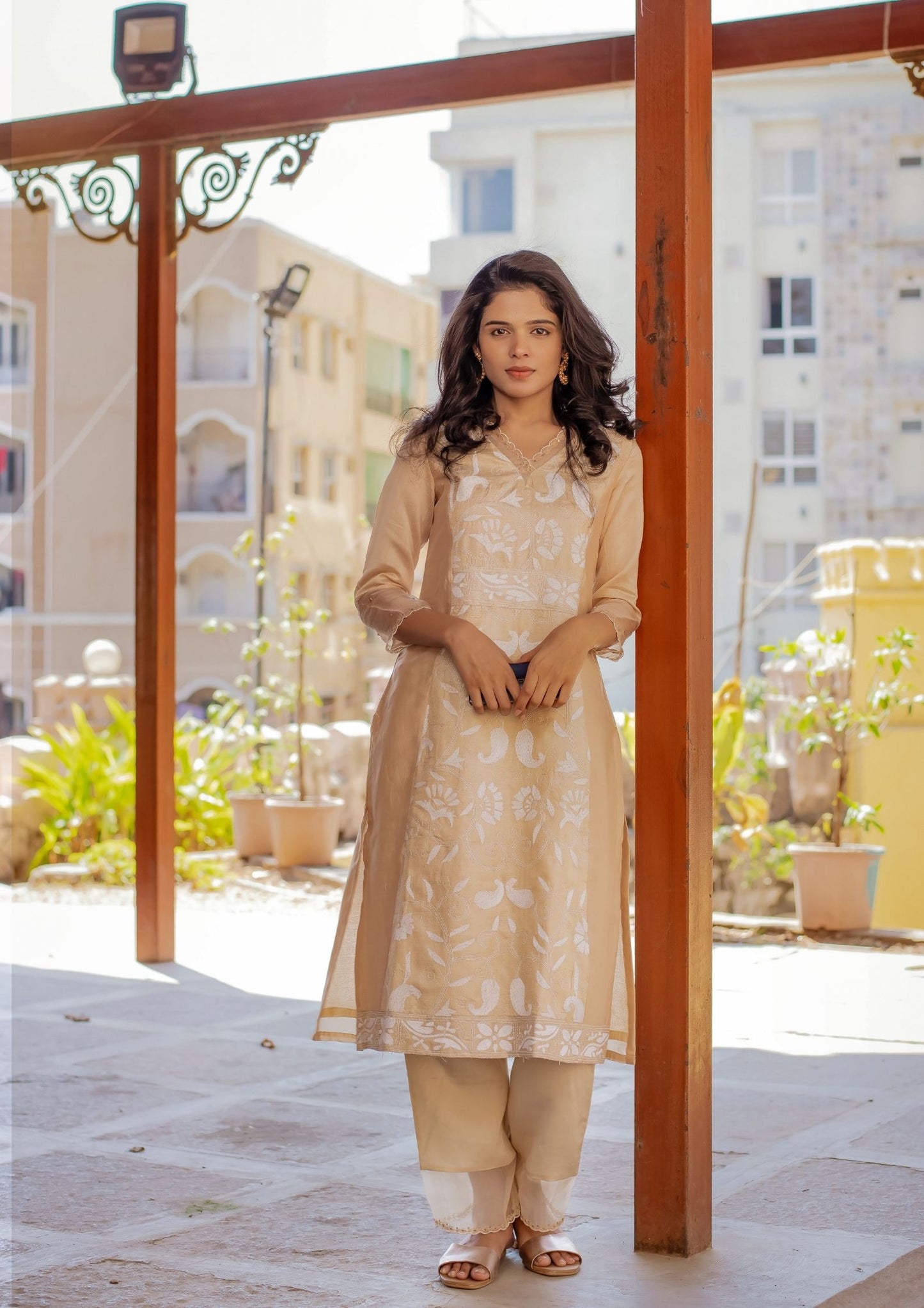 Hand Embroidered Chanderi Kurta and Bottom with Organza Detailing
