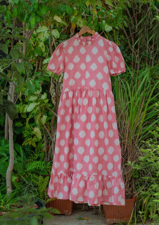 Handwoven Pink Ikat Dress in Polka Dot Pattern