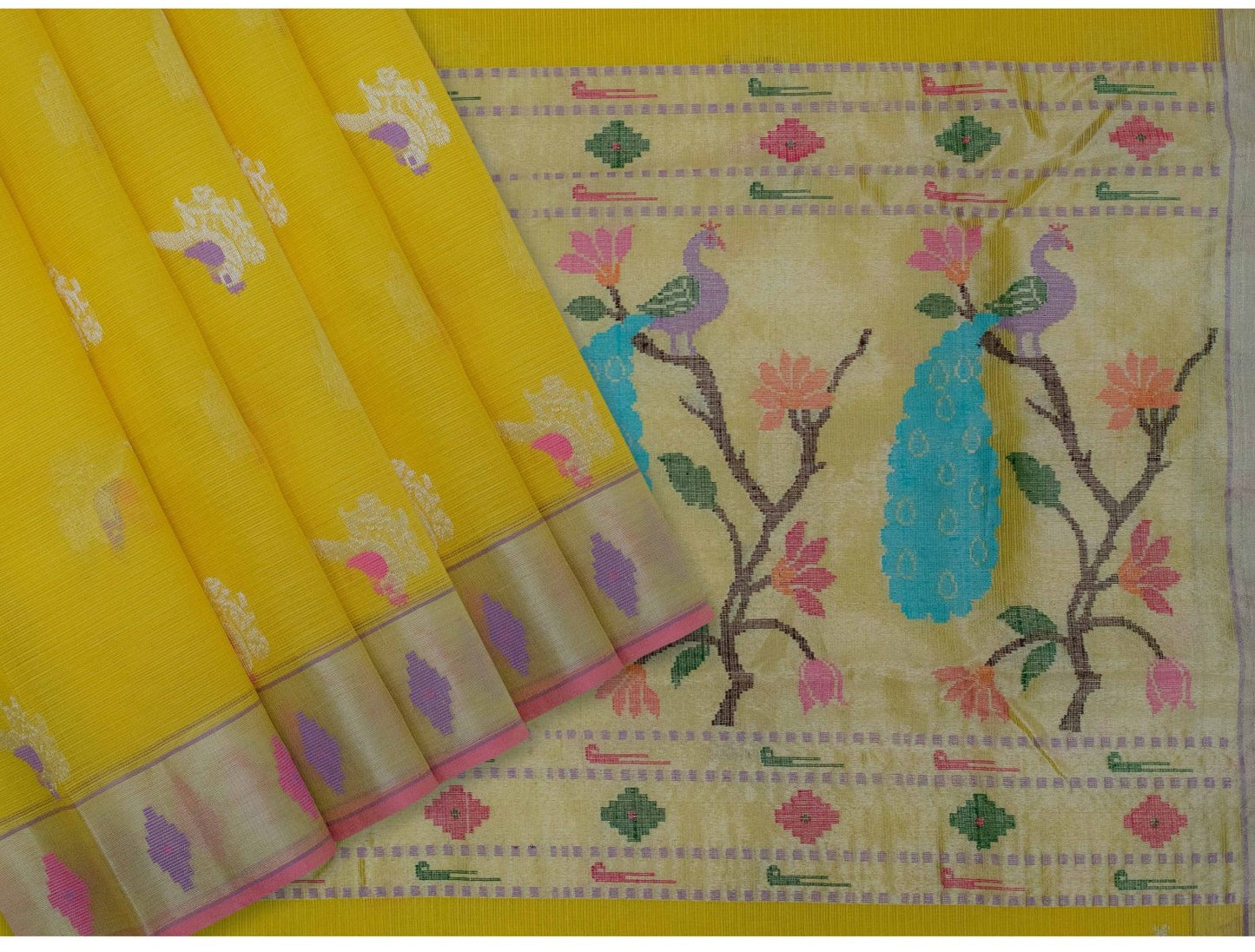 Yellow Handloom Pure Zari Tissue Kota Saree