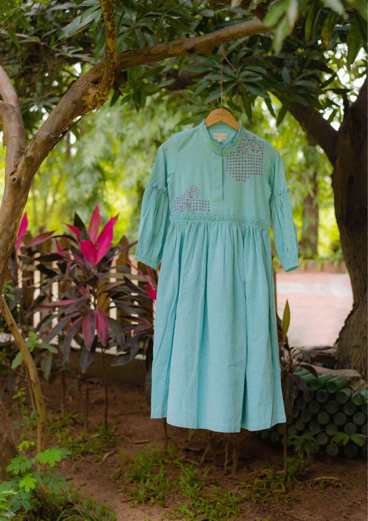Green Hand Embroidered Ikat Dress