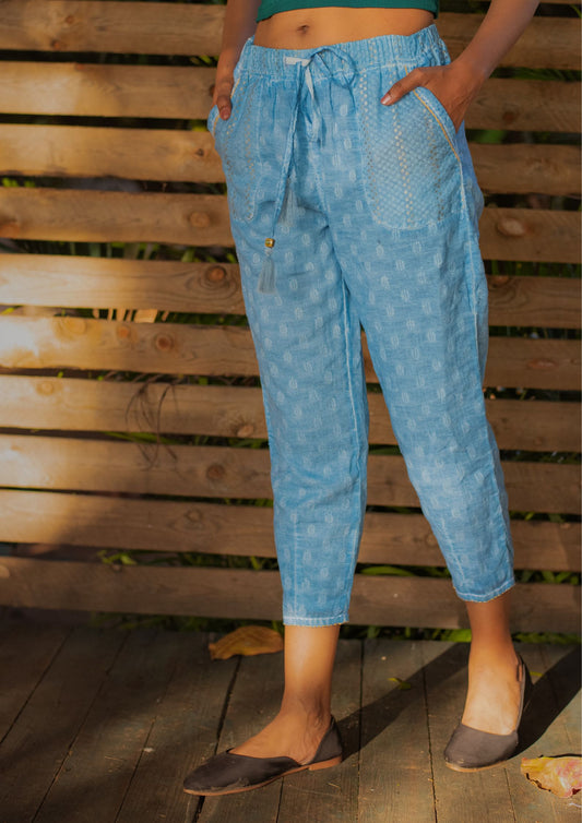 Cotton Dobby Blue Straight Pant with Embroidery Detail