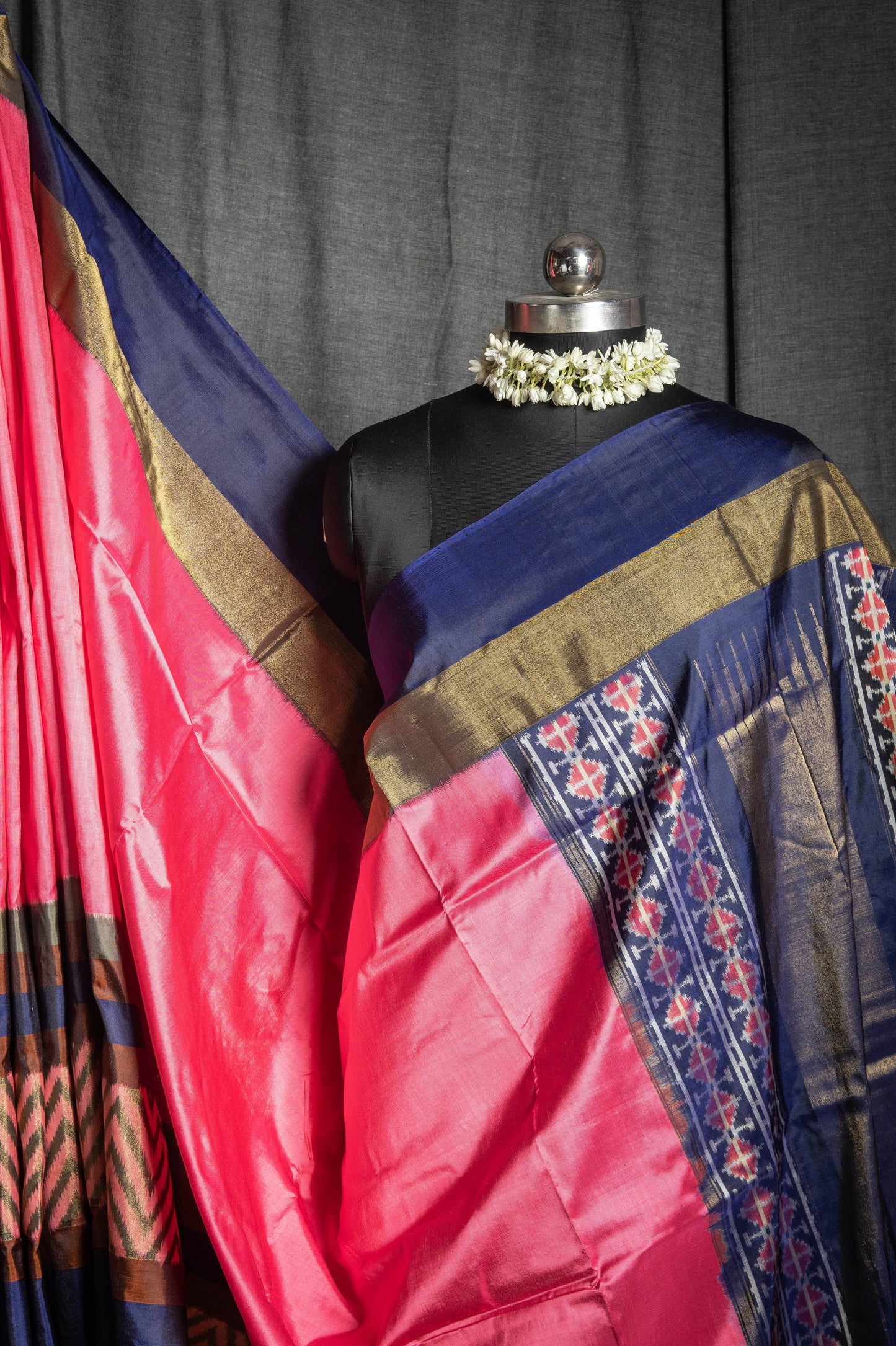 Ikat Silk Saree in Pink and Navy Blue