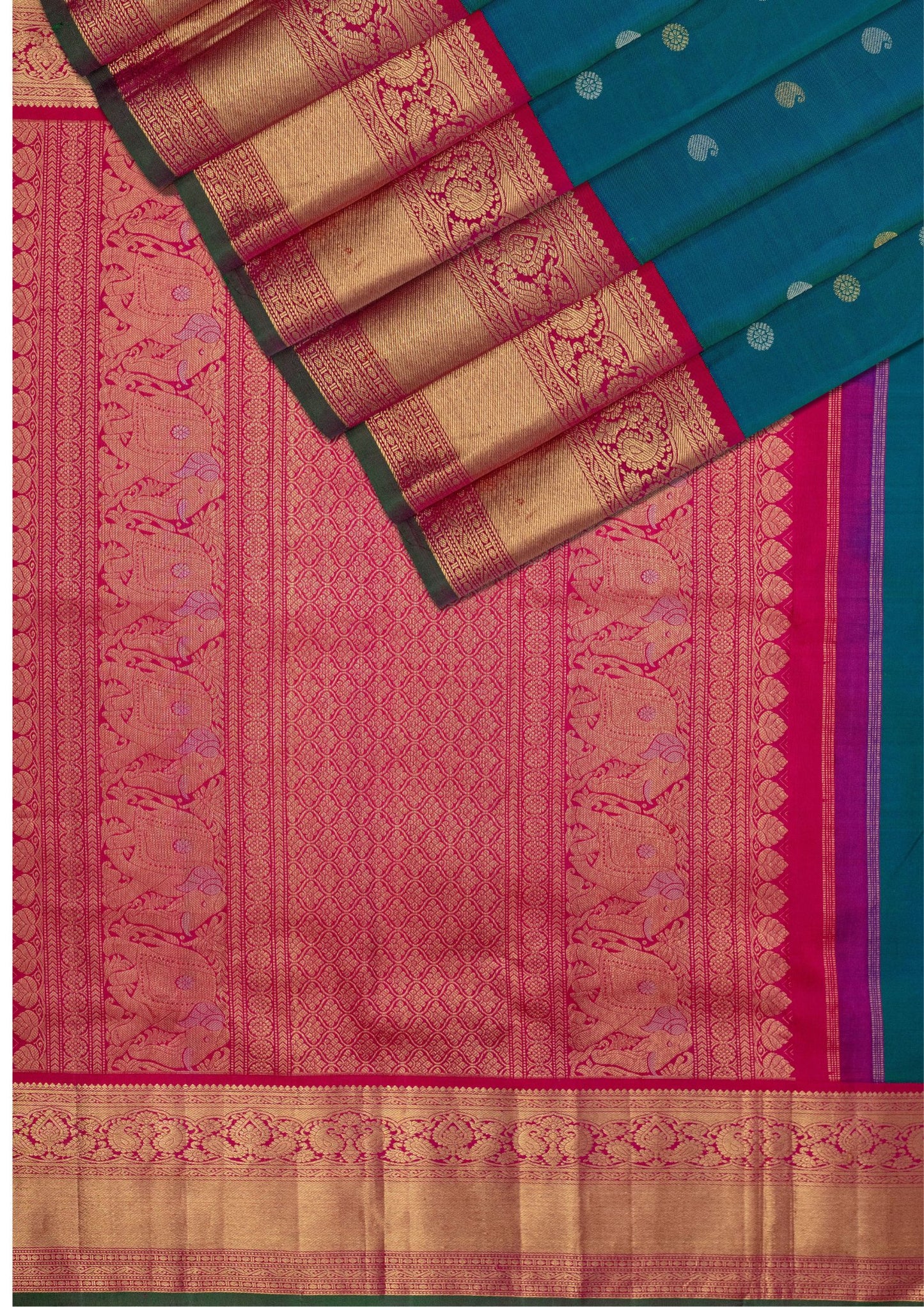 Handloom Gadwal Pure Silk Saree with Kanchi Border in Peacock Blue