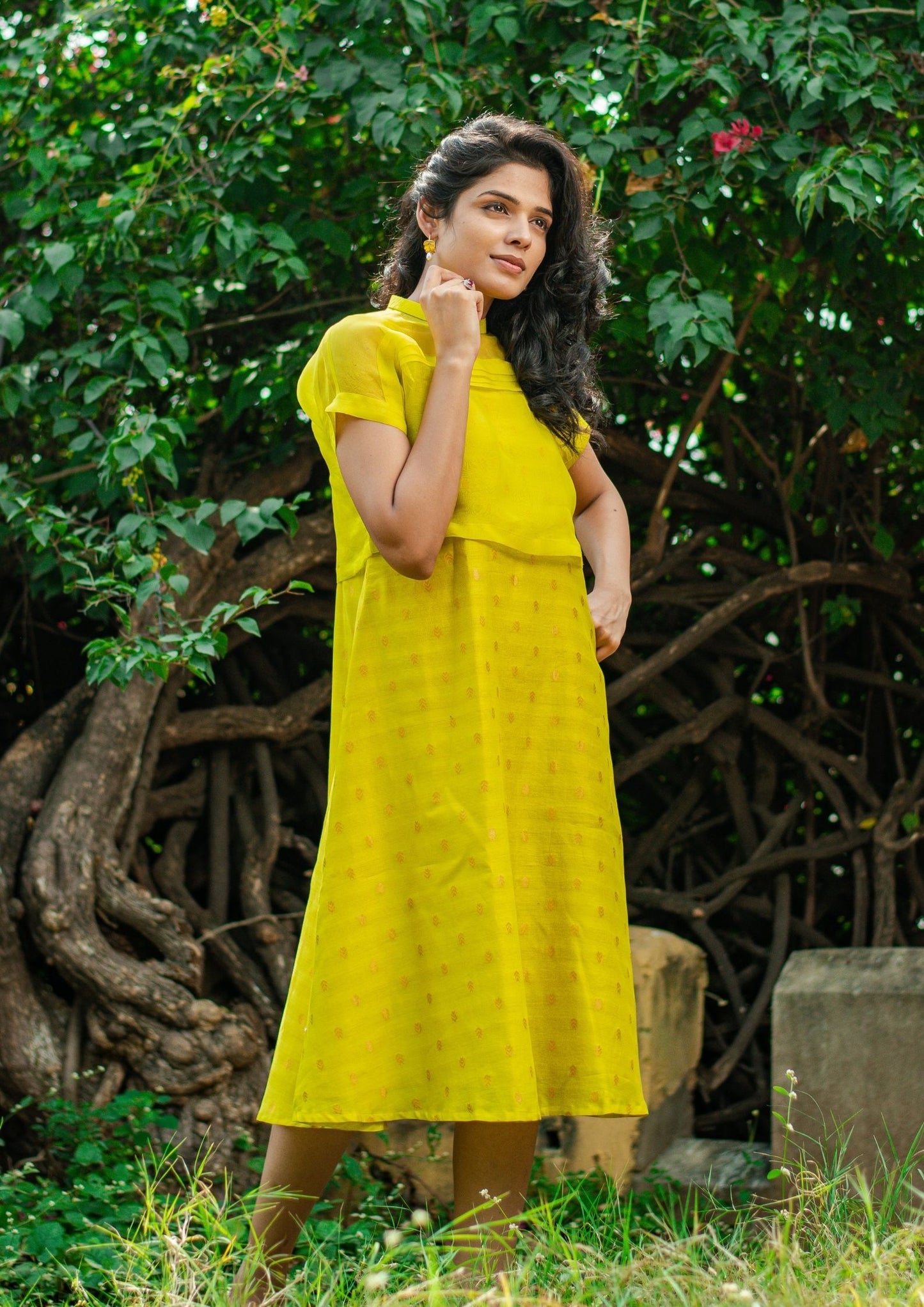 Handwoven Lime Green Chanderi and Organza Dress