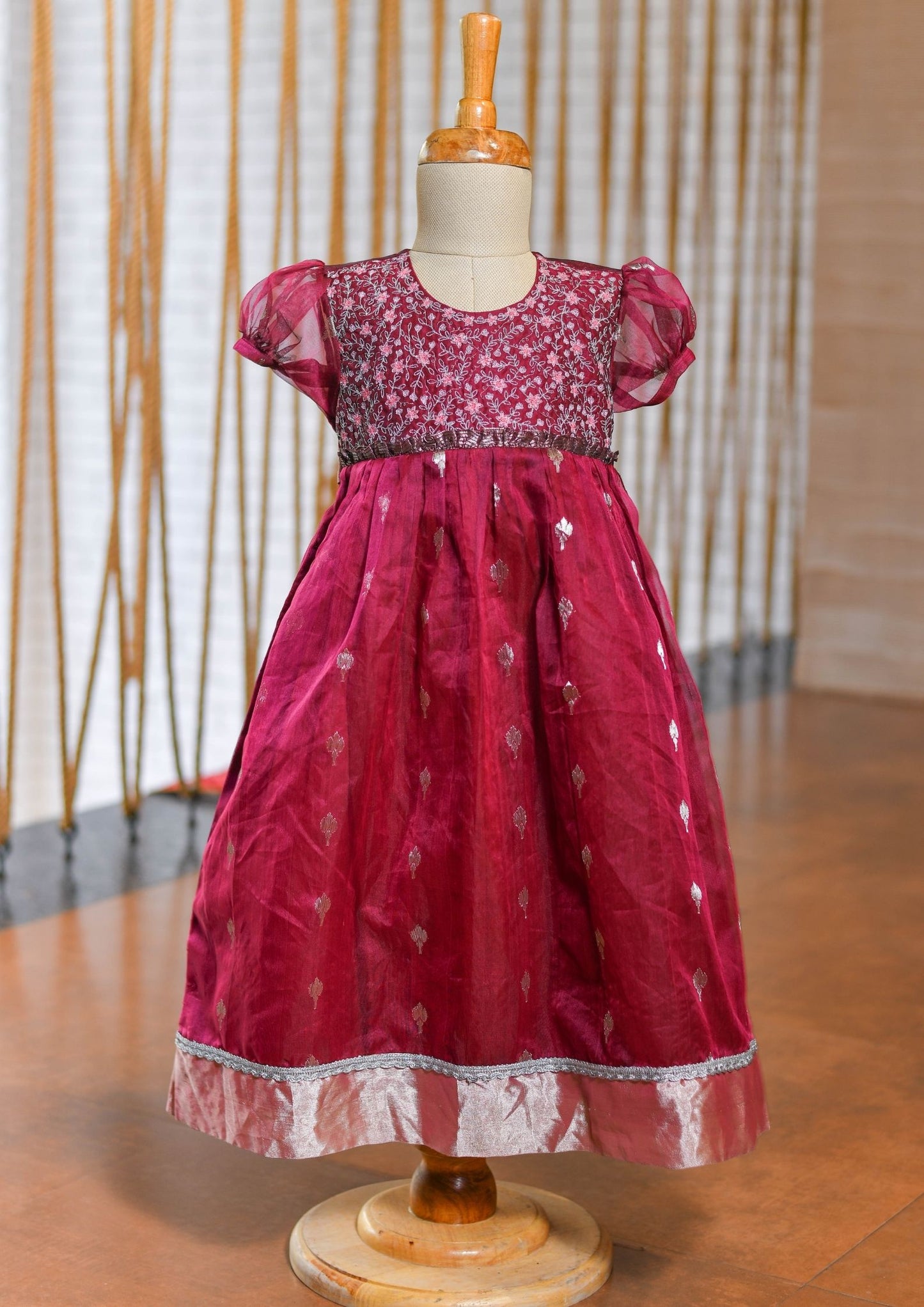 Hand Embroidered Chanderi Frock in Maroon for kids